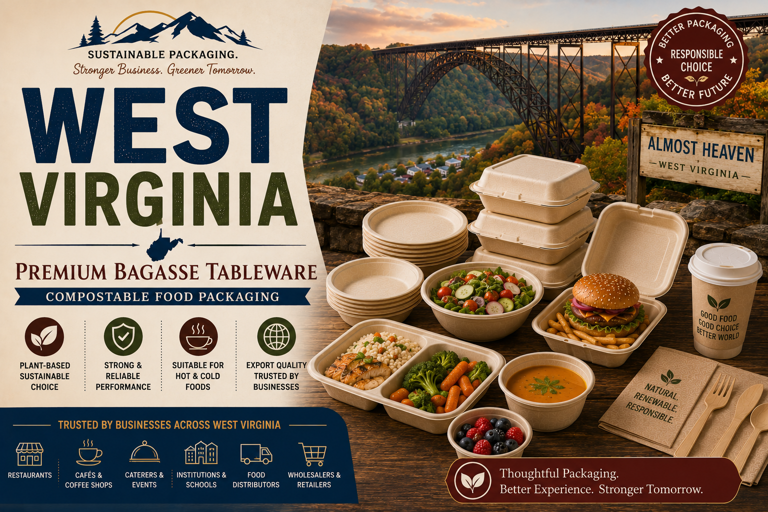 Commercial Bagasse Tableware Supplier in West Virginia