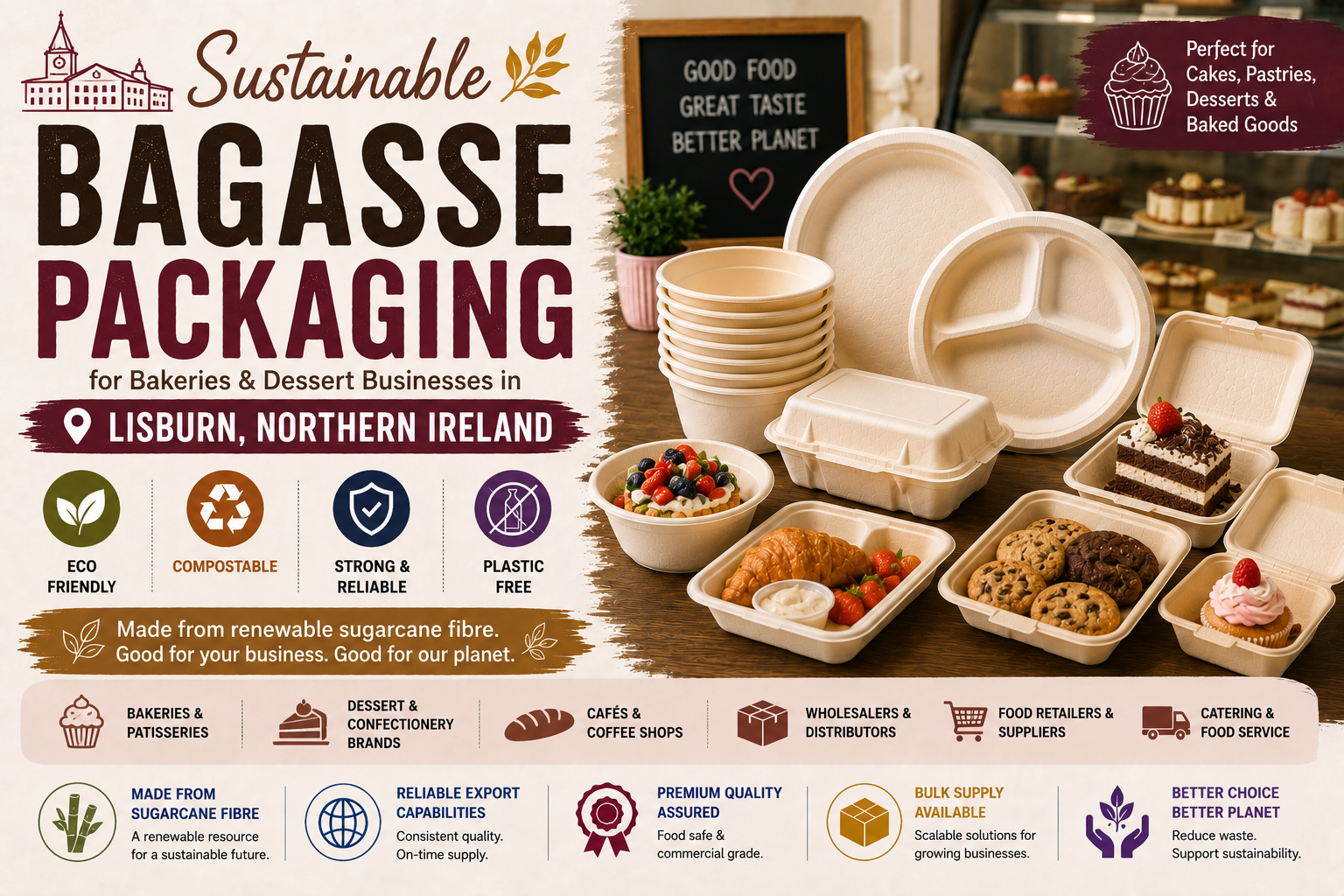 Sustainable Bagasse Packaging for Bakeries and Dessert Businesses in Lisburn